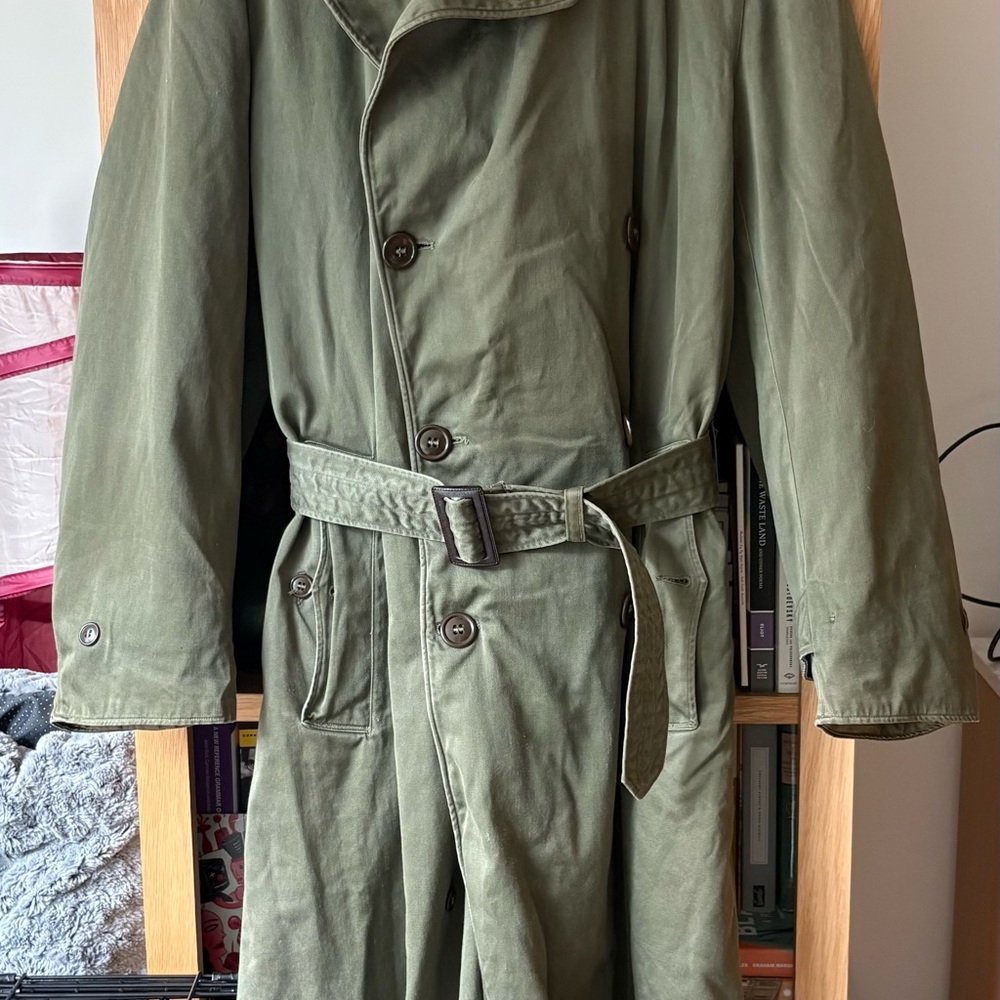 Vintage U.S. Army Olive Green Trench Coat – M1950 Style, Medium Long/Regular